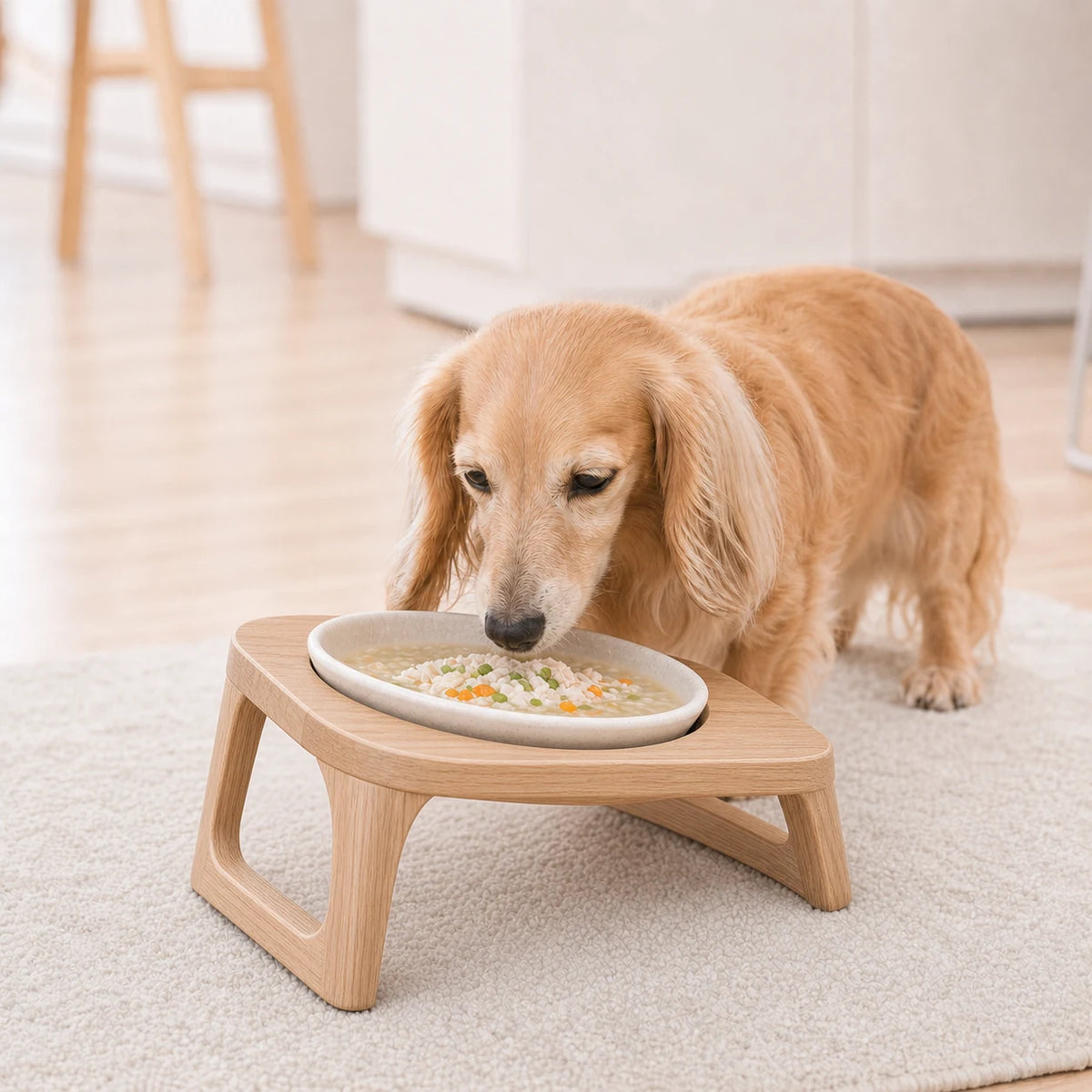 クリーム色のダックスフンドが木の食台からごはんを食べている